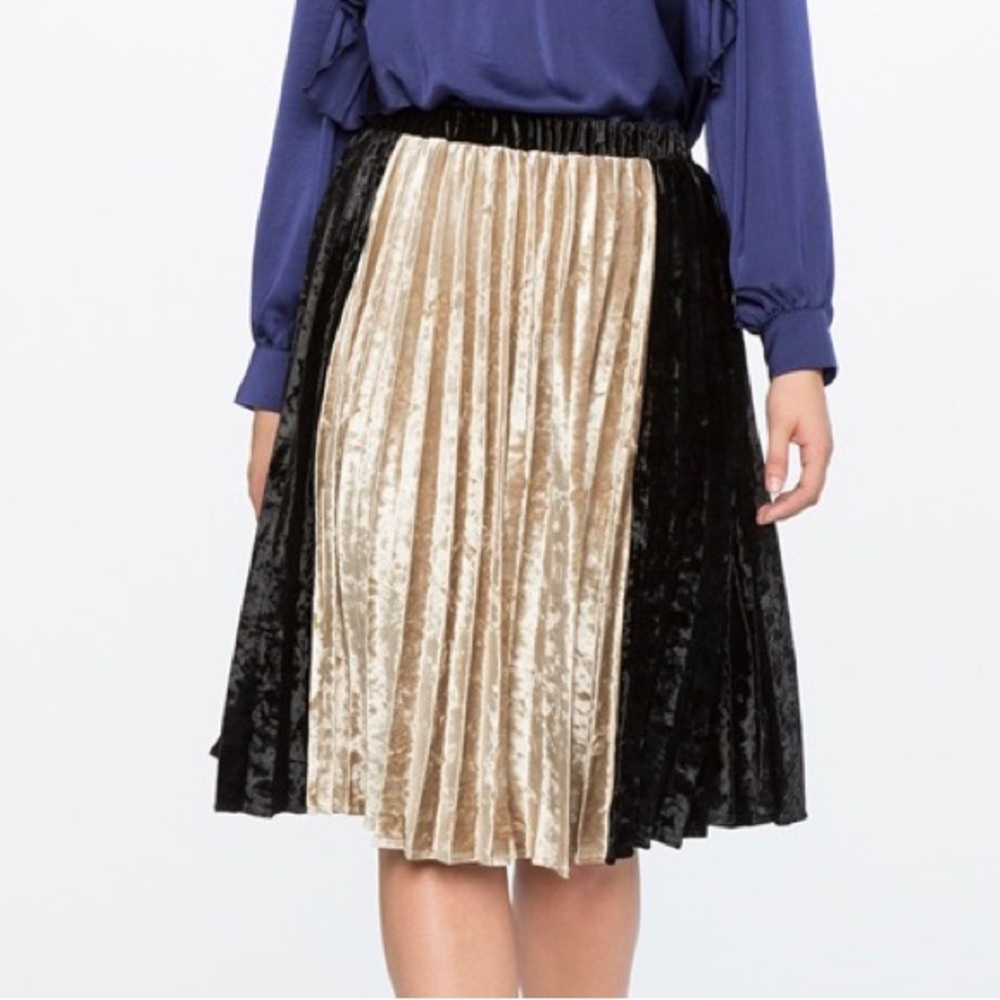Pleated velvet midi skirt with color block